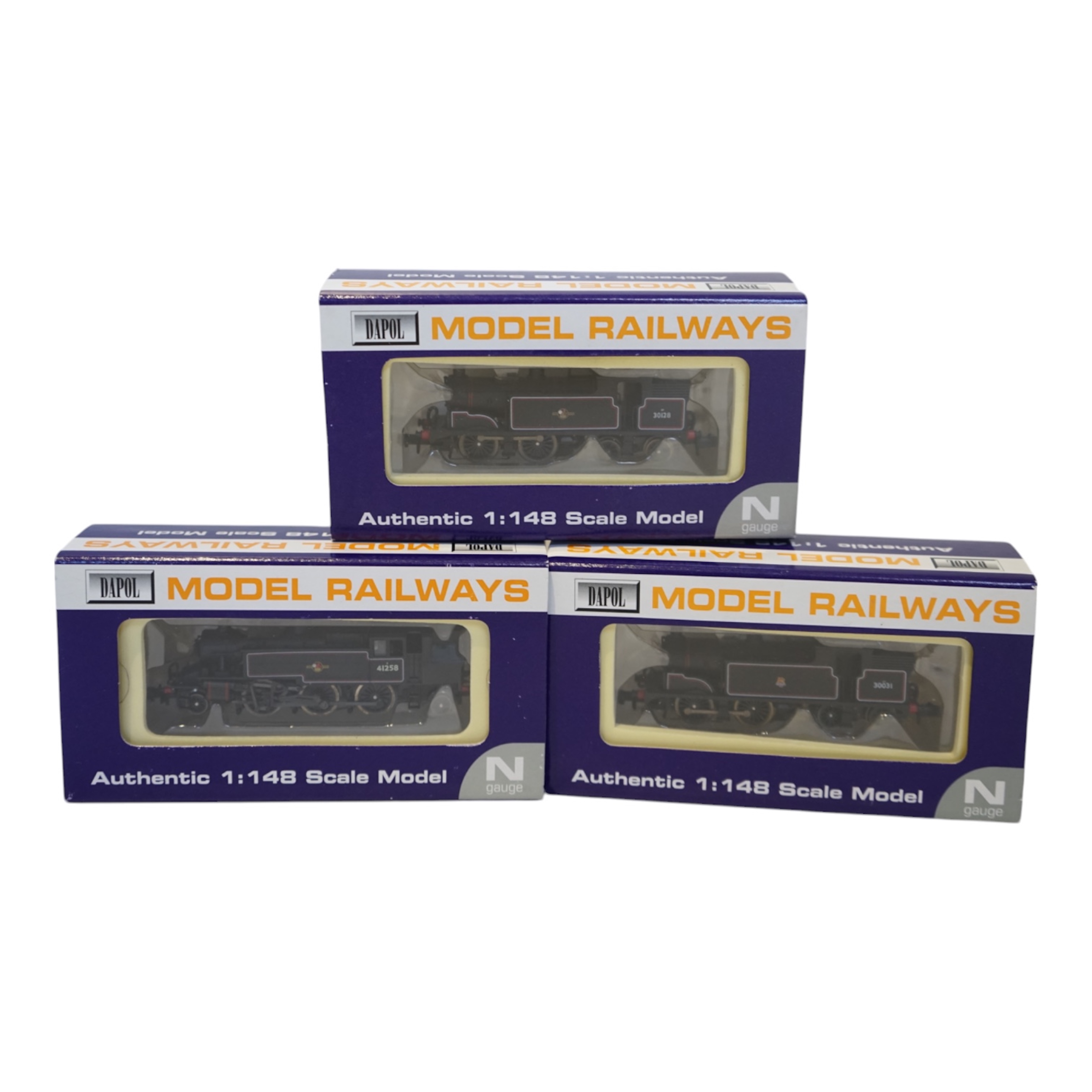 Three boxed Dapol N gauge railway BR tank locomotives; an Ivatt 2-6-2T, 41258 (ND-061B), a Class M7, 30128 (ND-045), and a Class M7, 30031 (ND-025). Condition - good.